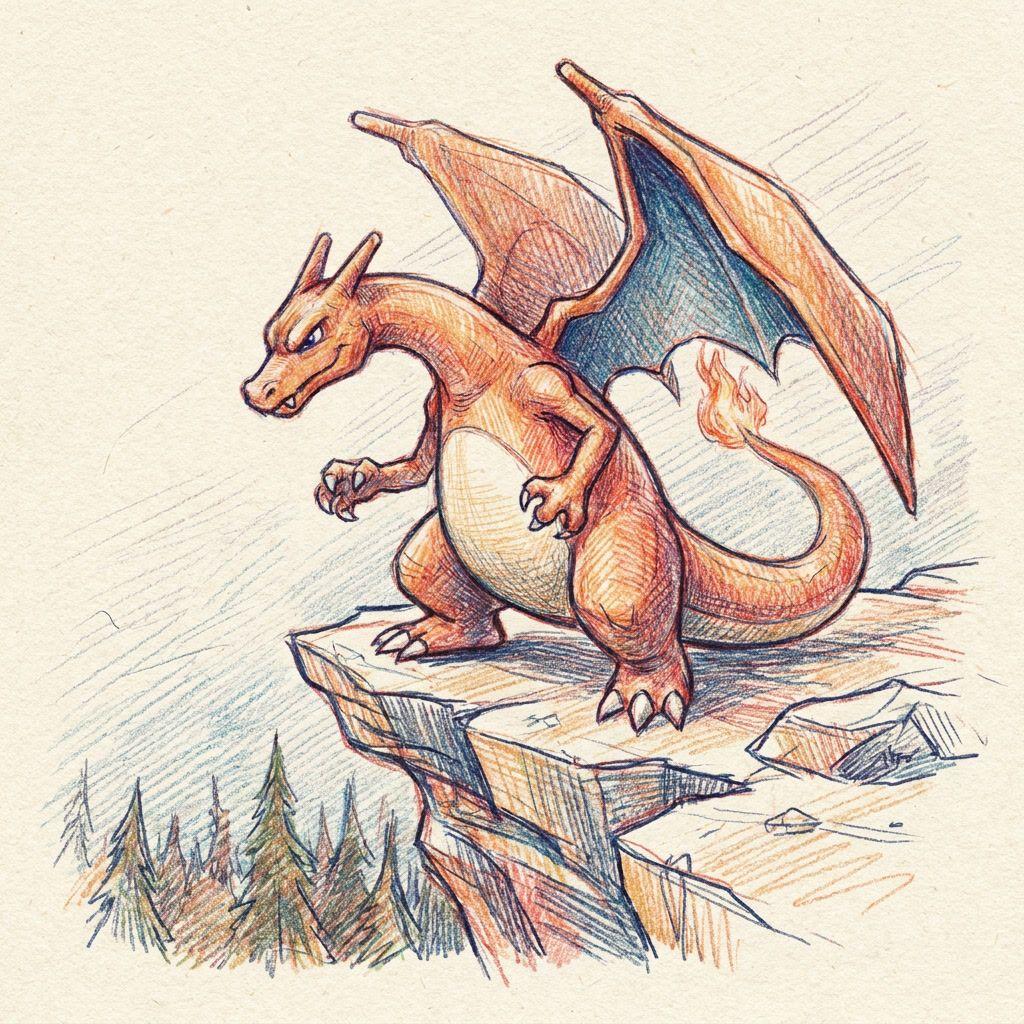 Orange Charizard with large wings and flaming tail stands menacingly on a cliff edge.