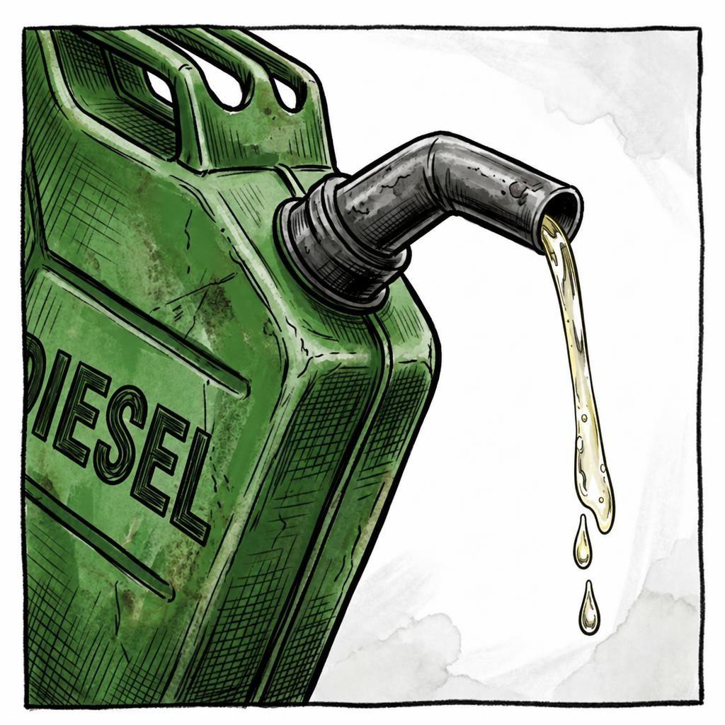 Green jerrycan labeled 'DIESEL' with fuel pouring from its spout.