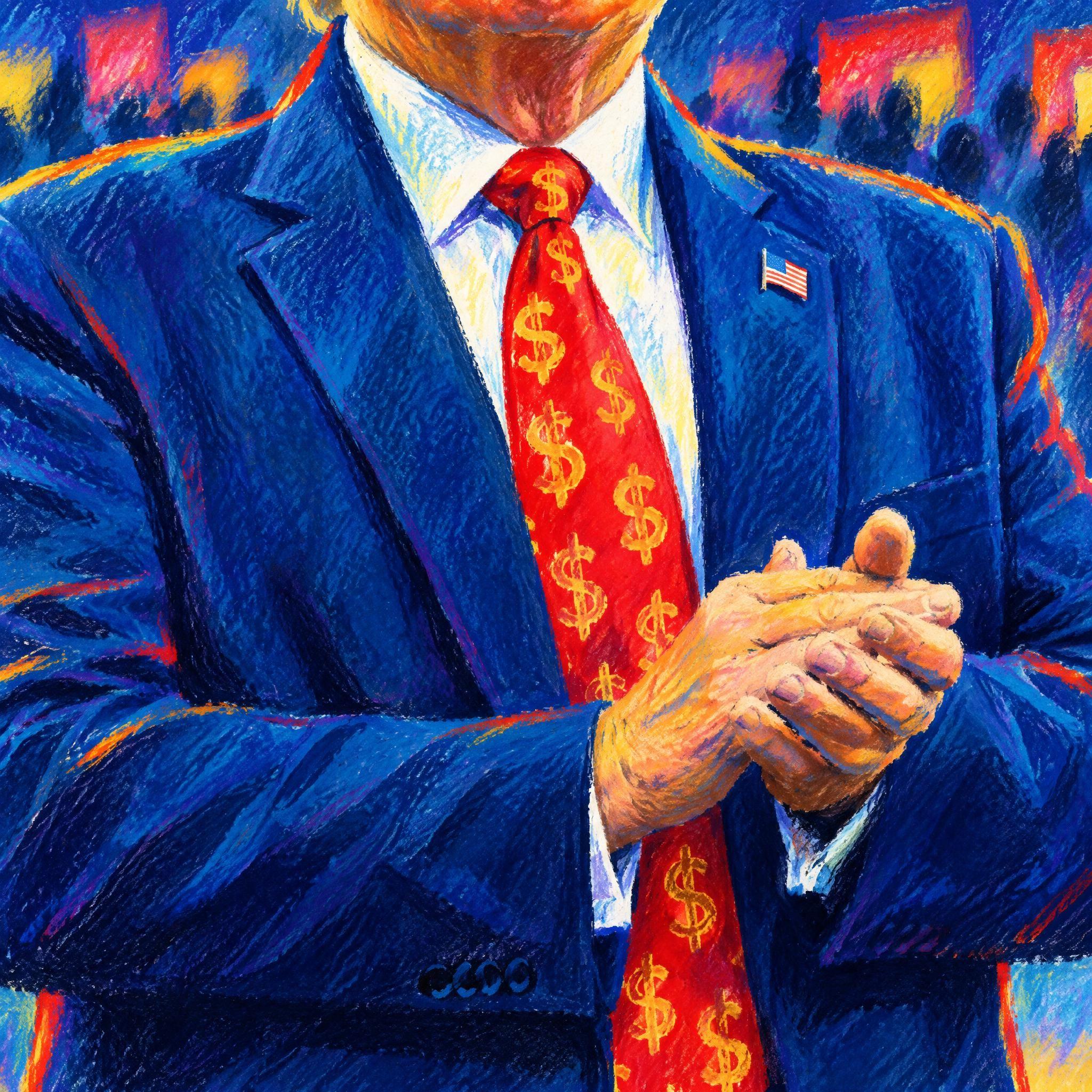 Man in a blue suit wearing a red tie with yellow dollar signs, hands clasped.