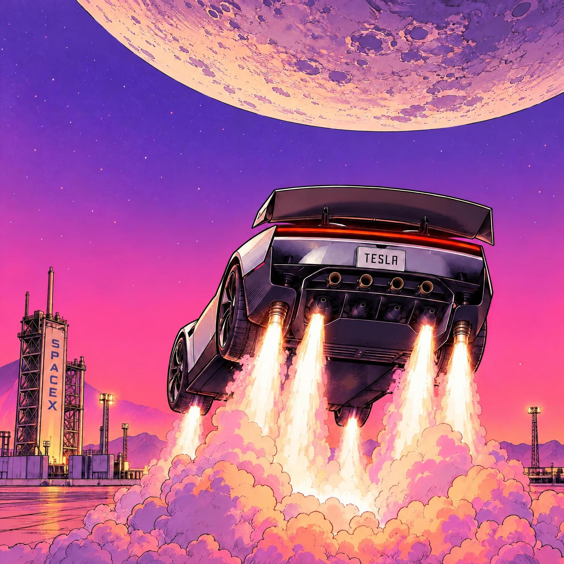 Rocket-powered sports car launches into a vibrant pink and purple sky under a large moon.